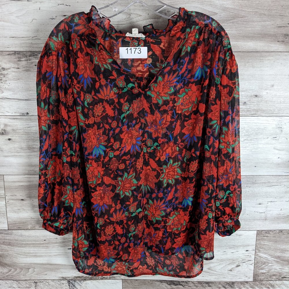 Grand & Greene* Women's 3/4 Sleeve Ruffled V-Neck‎ Curved Hem Blouse~ Large
